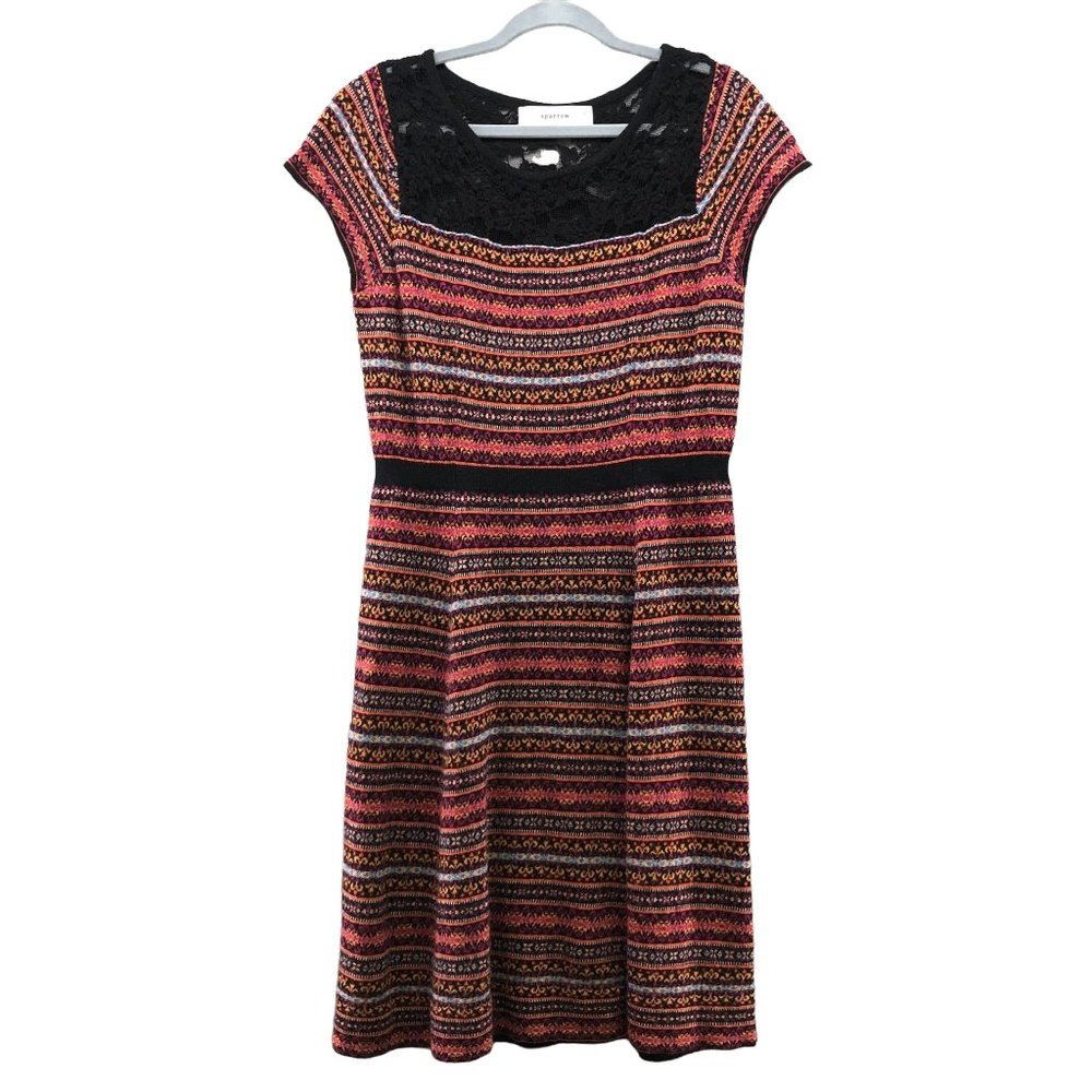 Anthropologie Black Lace-Neck Multicolor Striped Fit-and-Flare Dress